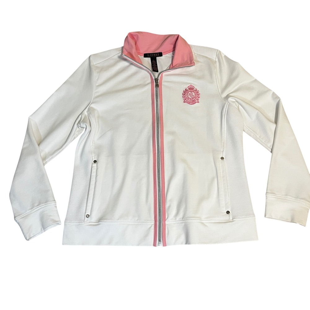Y2K Lauren Ralph Lauren Black Label White Pink Crest Full Zip Track Jacket L